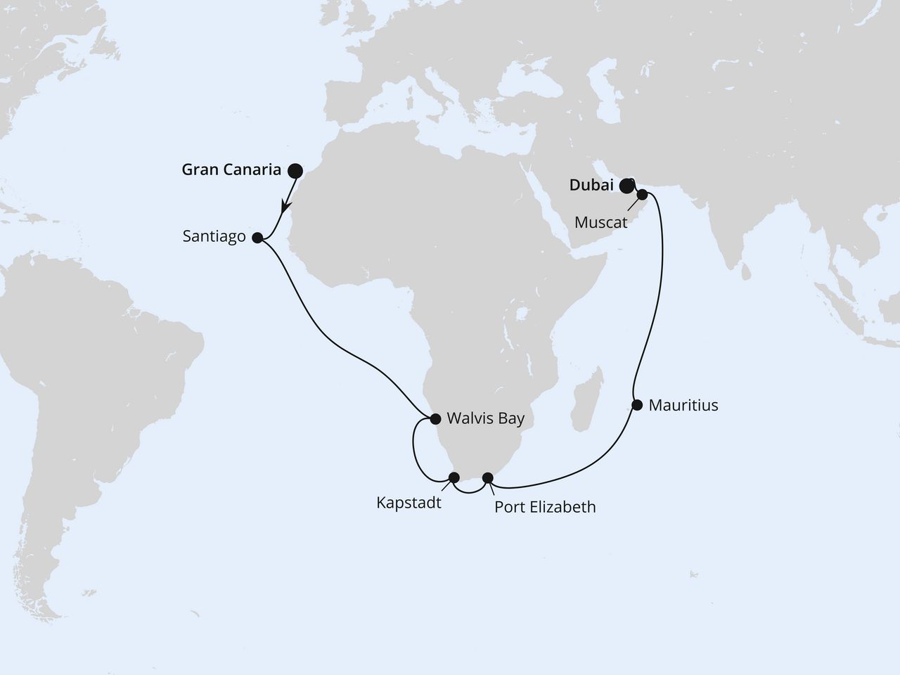 Routenkarte der AIDA Kreuzfahrt Weltenbummler Kapverden, Südafrika & Mauritius 1