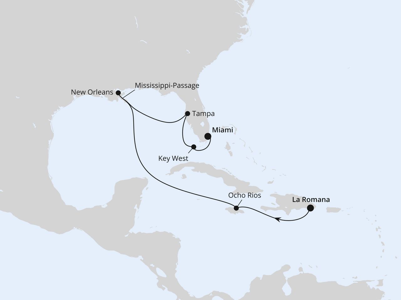 Routenkarte: New Orleans & Florida ab Dominikanische Republik