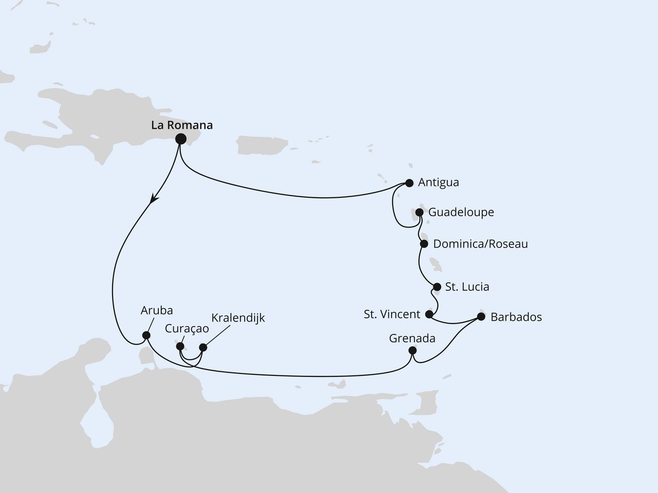 Routenkarte der AIDA Kreuzfahrt Karibische Inseln ab Dominikanische Republik