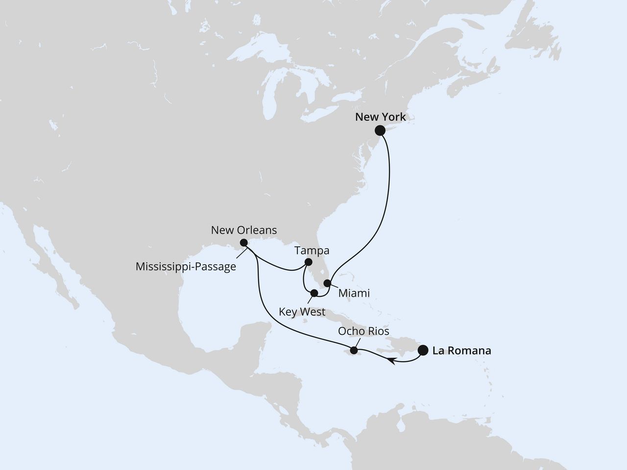 Routenkarte: New Orleans, Florida & New York ab Dom. Republik