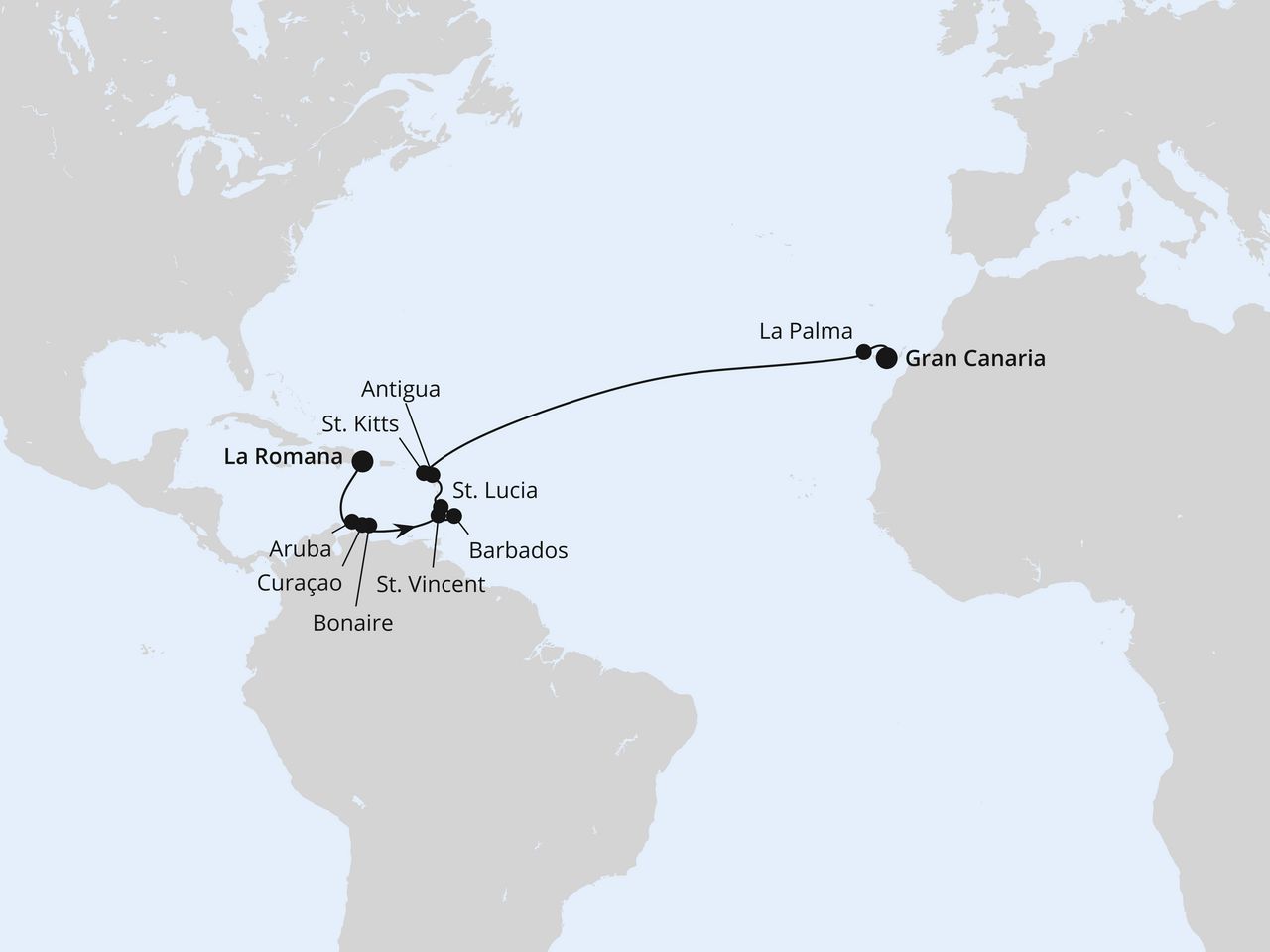 Routenkarte: Von der Dominikanischen Republik nach Gran Canaria