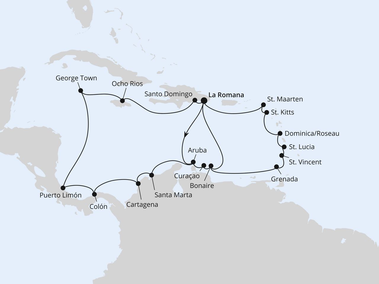 Routenkarte: Karibische Insel-Rundreise & Mittelamerika
