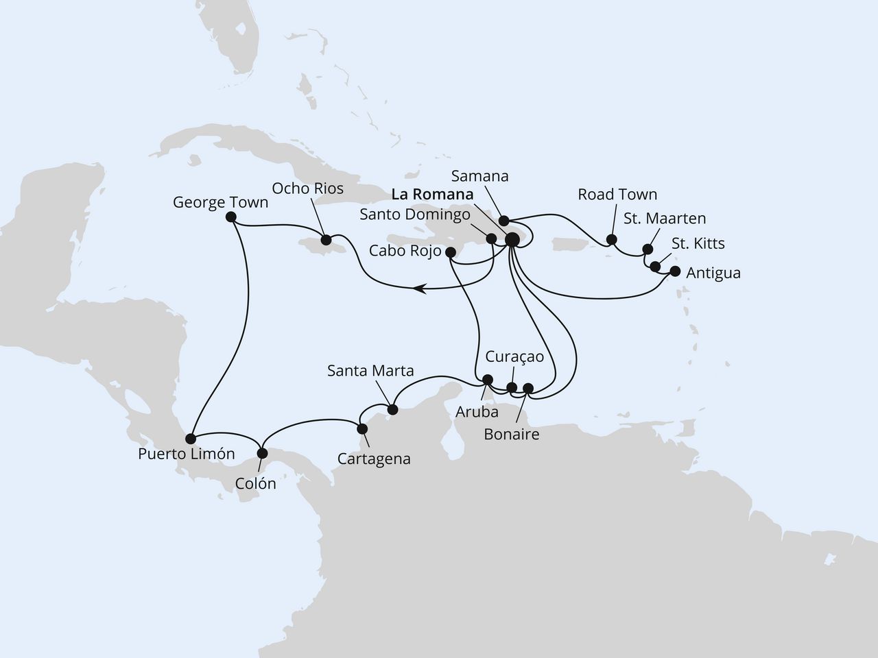 Routenkarte: Karibische Insel-Rundreise & Mittelamerika