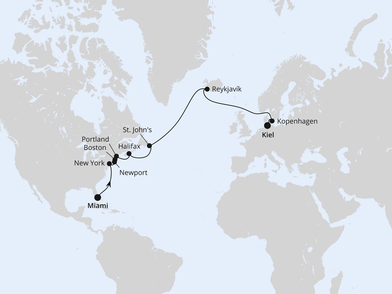 Routenkarte: Von Miami über Island nach Kiel