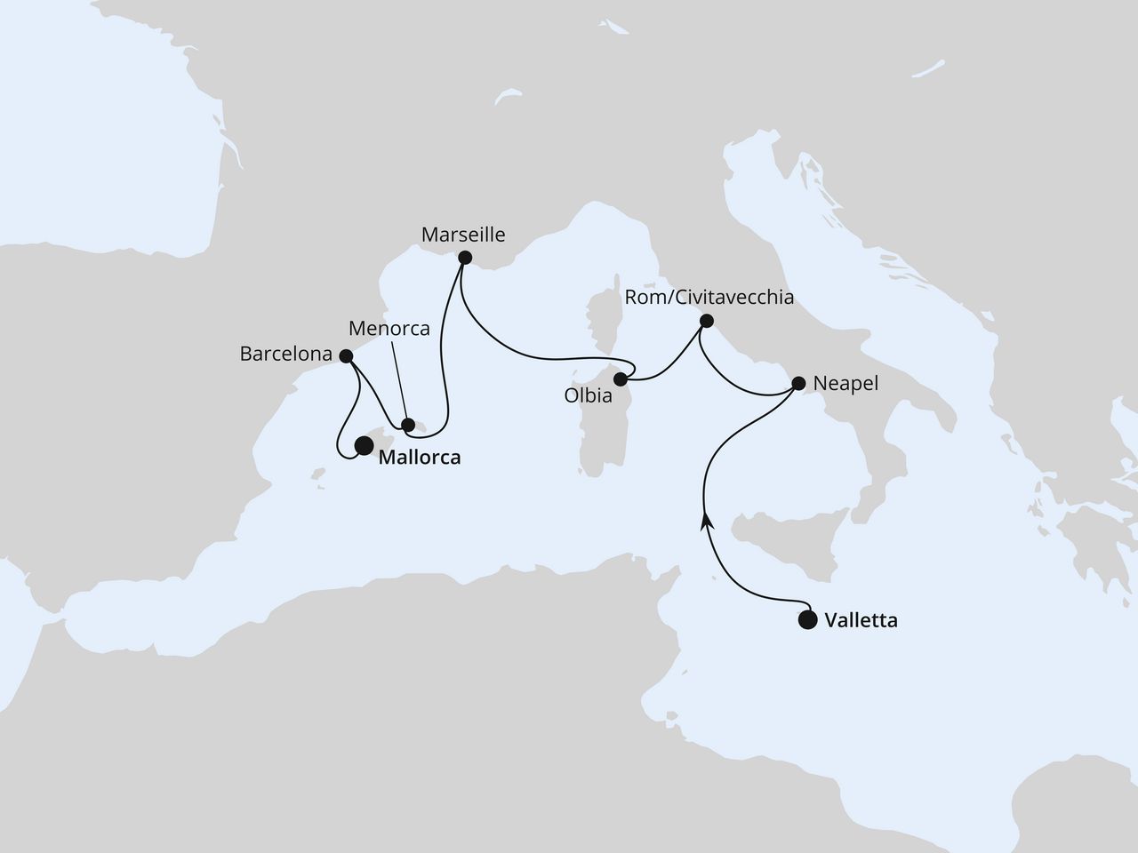 Routenkarte: Italien, Frankreich & Spanien ab Malta