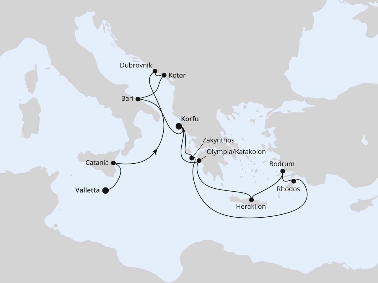 Routenkarte: Sizilien, Adria & Griechenland ab Malta