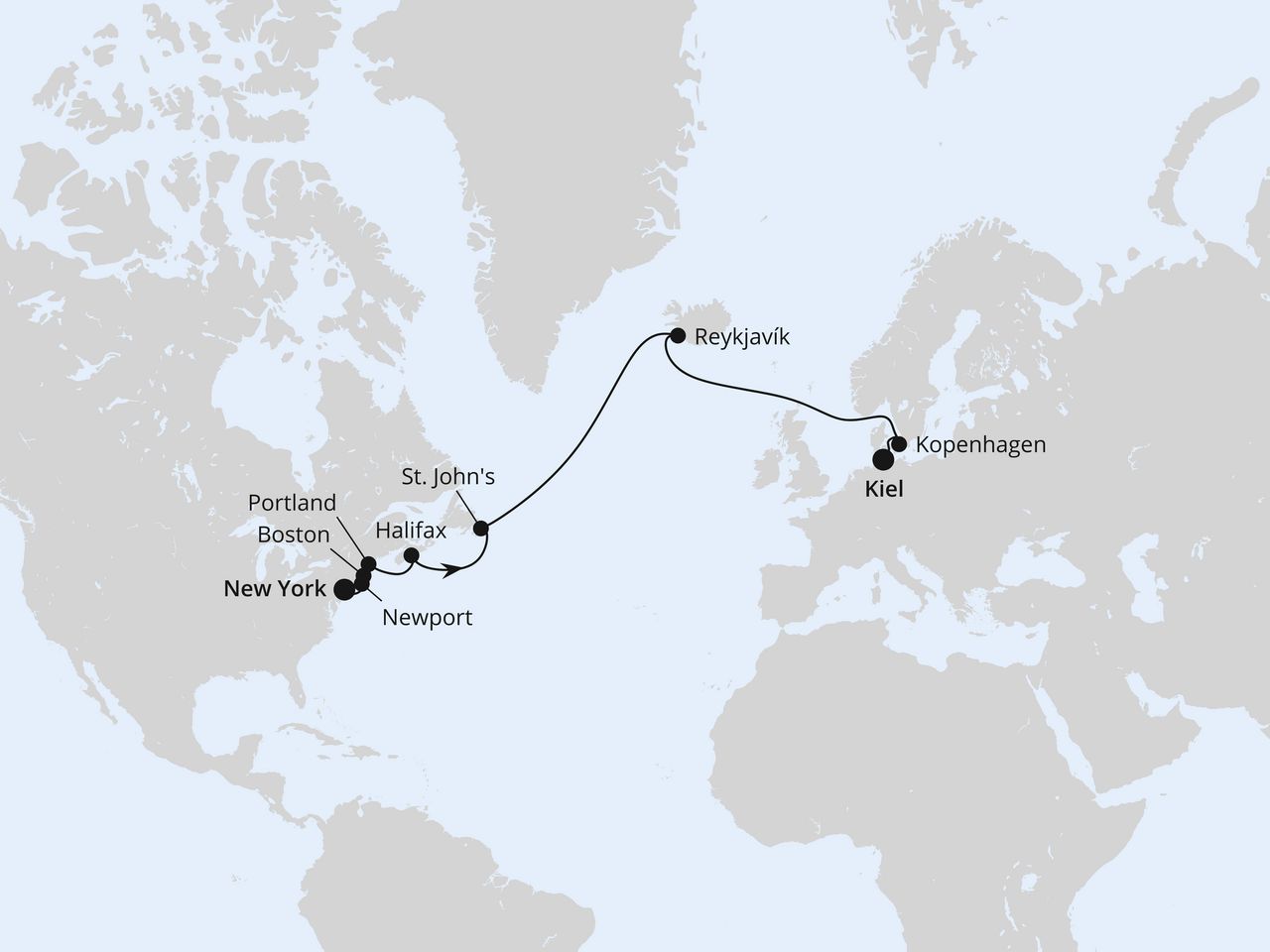 Routenkarte: Von New York über Island nach Kiel