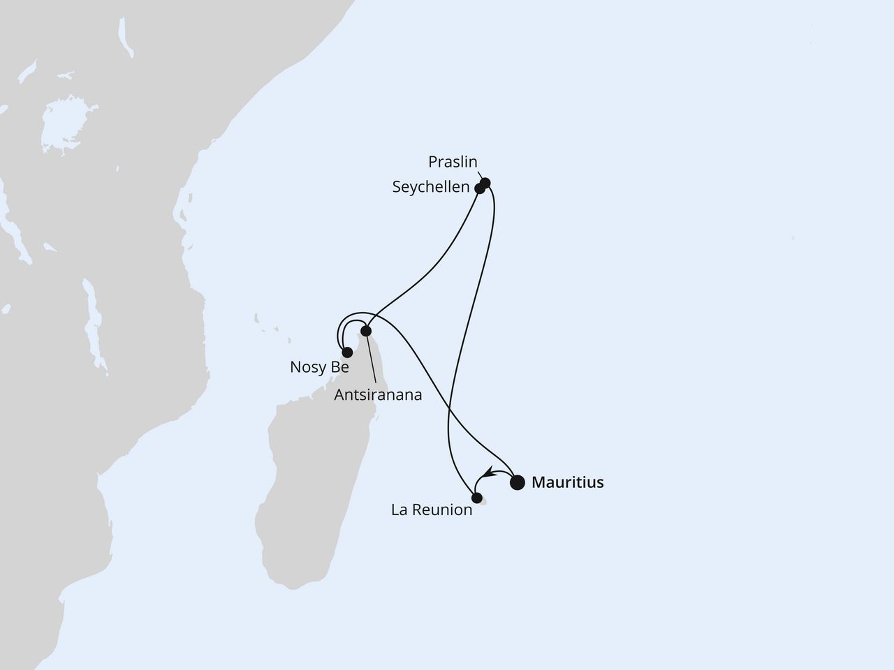 Routenkarte: Mauritius, Seychellen & Madagaskar