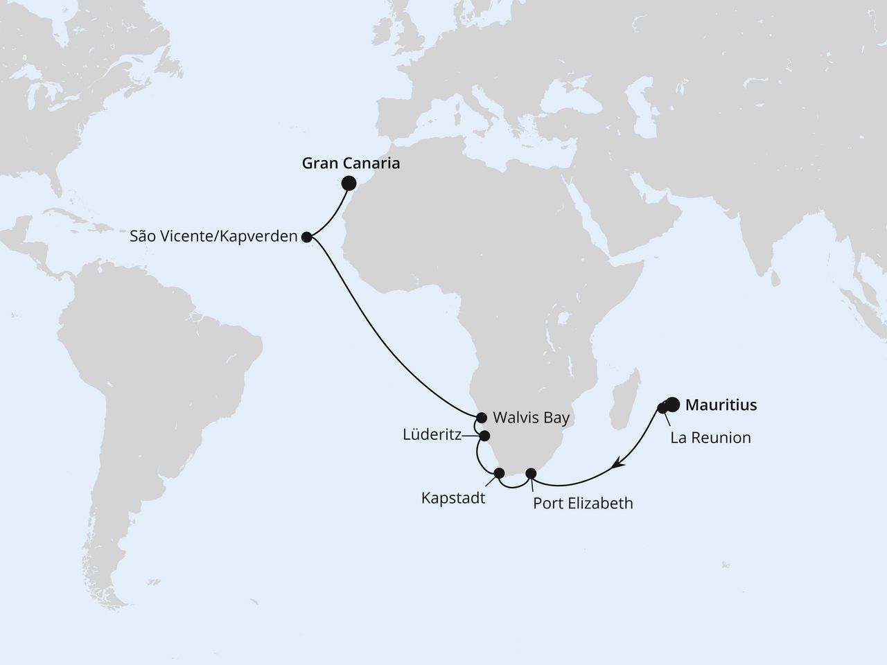 Routenkarte: Von Mauritius über Afrika nach Gran Canaria