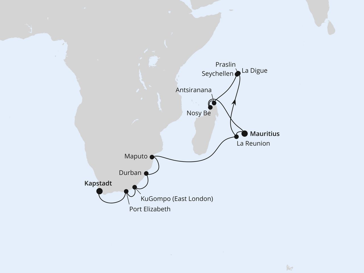 Routenkarte: Südafrika, Seychellen, Mauritius & Madagaskar 2