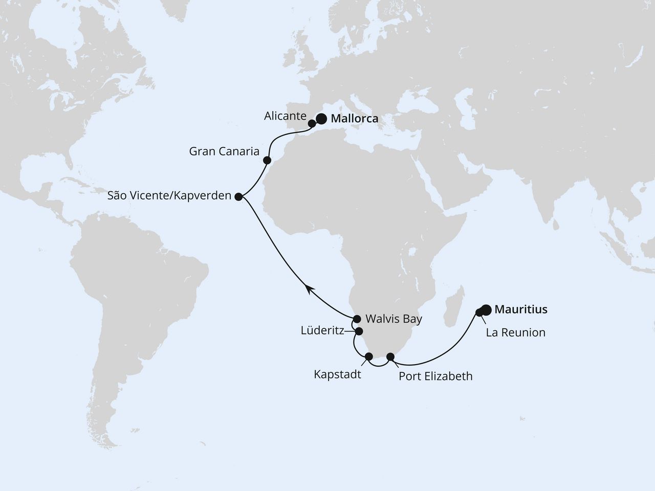 Routenkarte: Von Mauritius über Afrika nach Mallorca