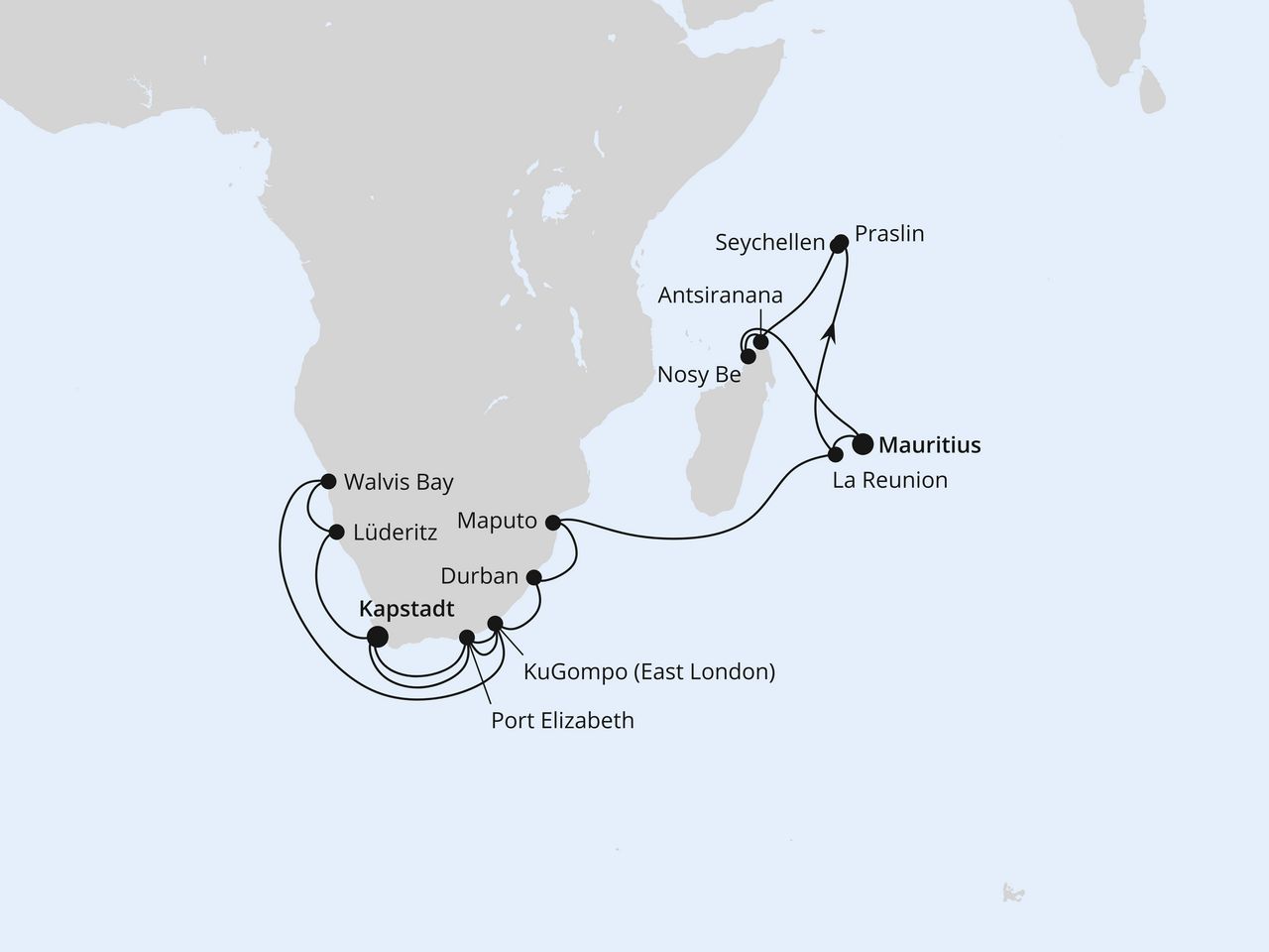 Routenkarte: Weltenbummler Südafrika, Namibia & Indischer Ozean