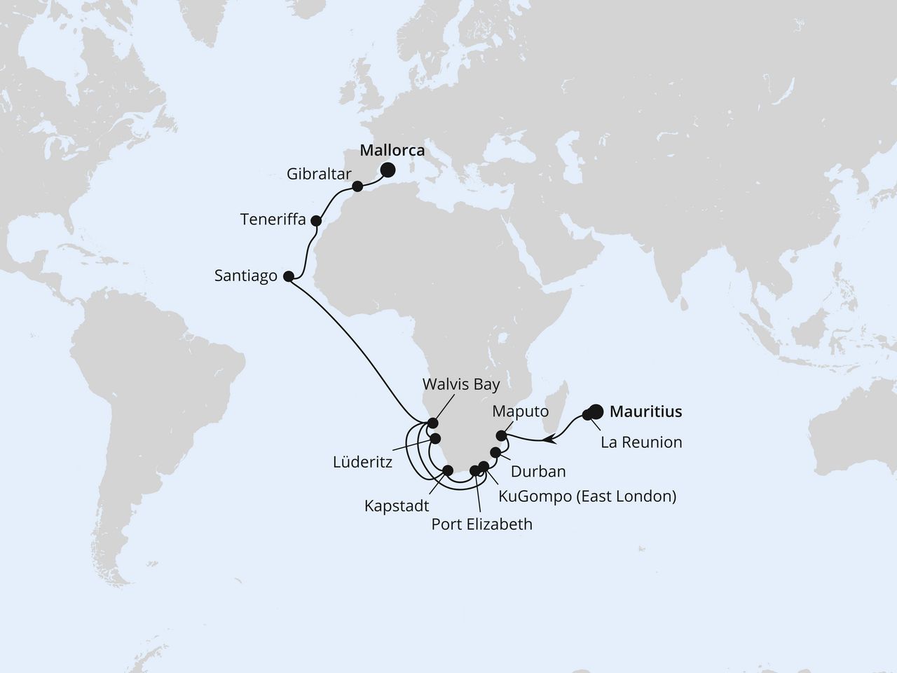 Routenkarte: Weltenbummler Südafrika, Namibia & Indischer Ozean