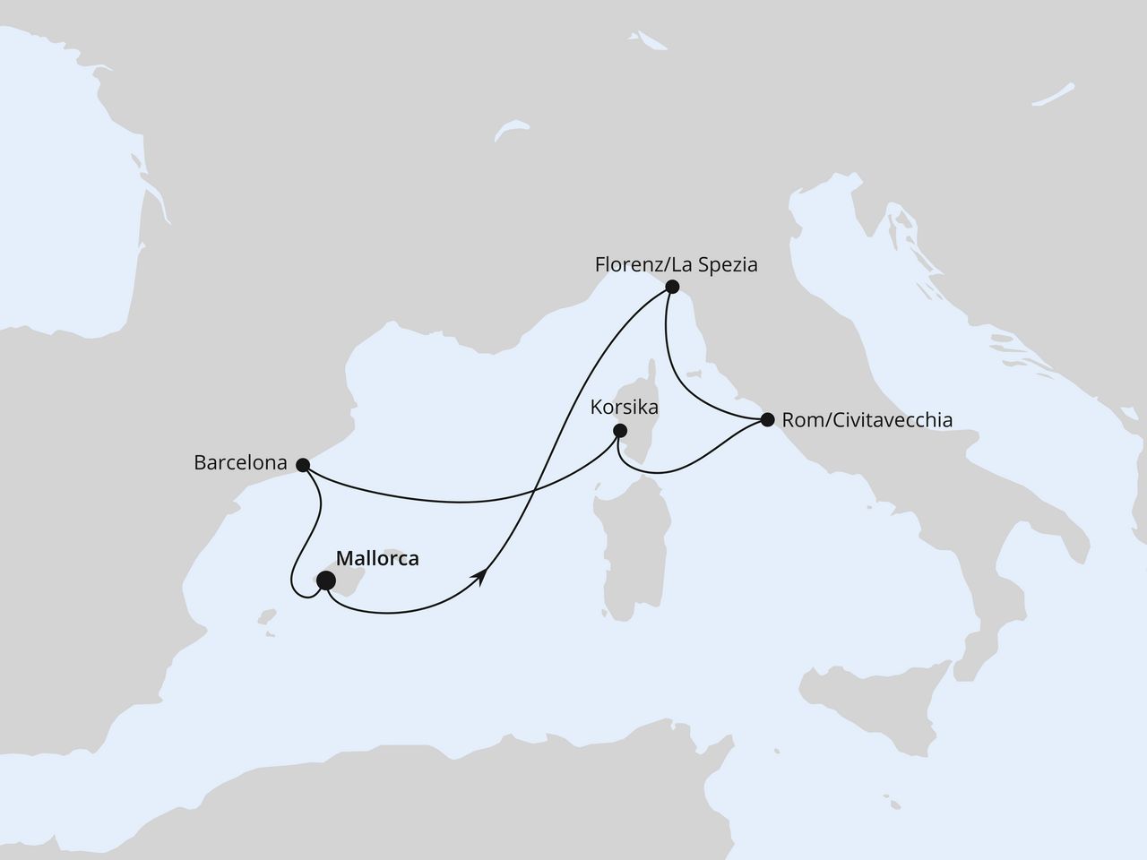 Routenkarte der AIDA Kreuzfahrt Mediterrane Schätze mit Korsika ab Mallorca