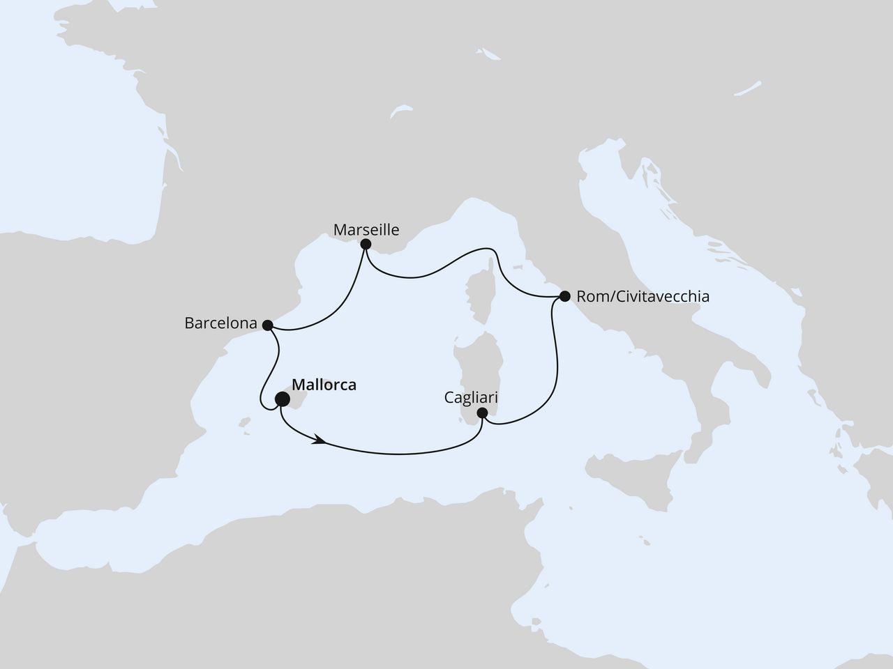 Routenkarte der AIDA Kreuzfahrt Mediterrane Schätze mit Sardinien ab Mallorca