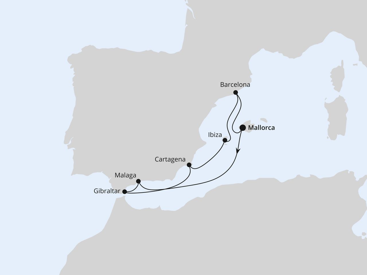 Routenkarte der AIDA Kreuzfahrt Mediterrane Schätze mit Gibraltar ab Mallorca