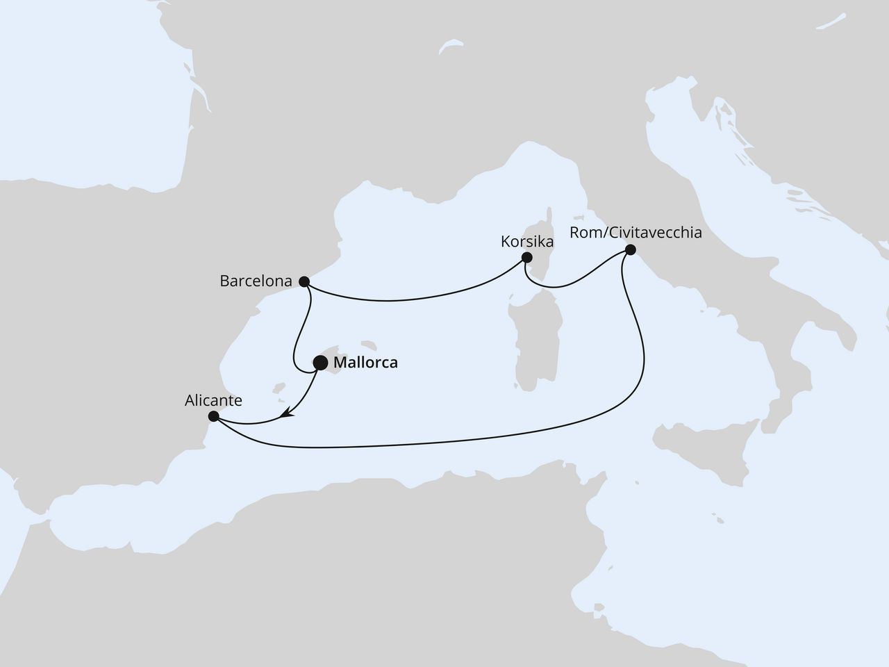 Routenkarte der AIDA Kreuzfahrt Osterreise durchs Mittelmeer ab Mallorca