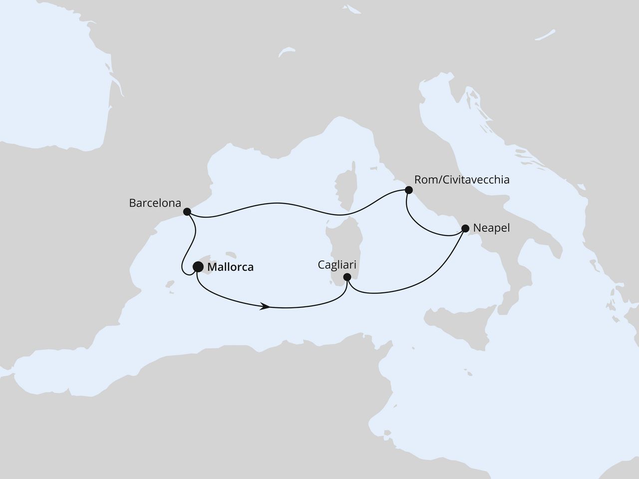 Routenkarte: Mediterrane Schätze mit Sardinien ab Mallorca
