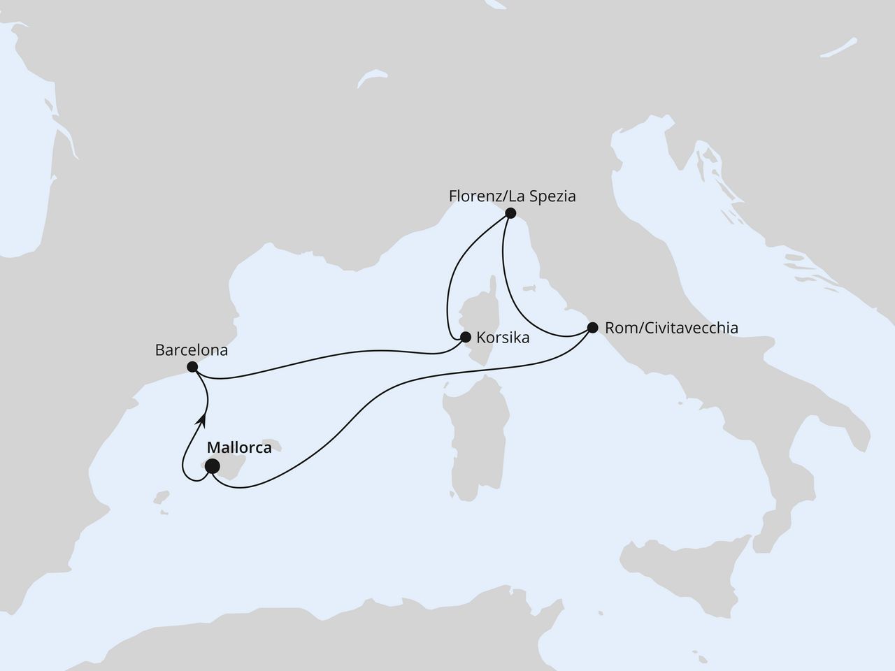 Routenkarte: Weihnachtsreise im Mittelmeer ab Mallorca