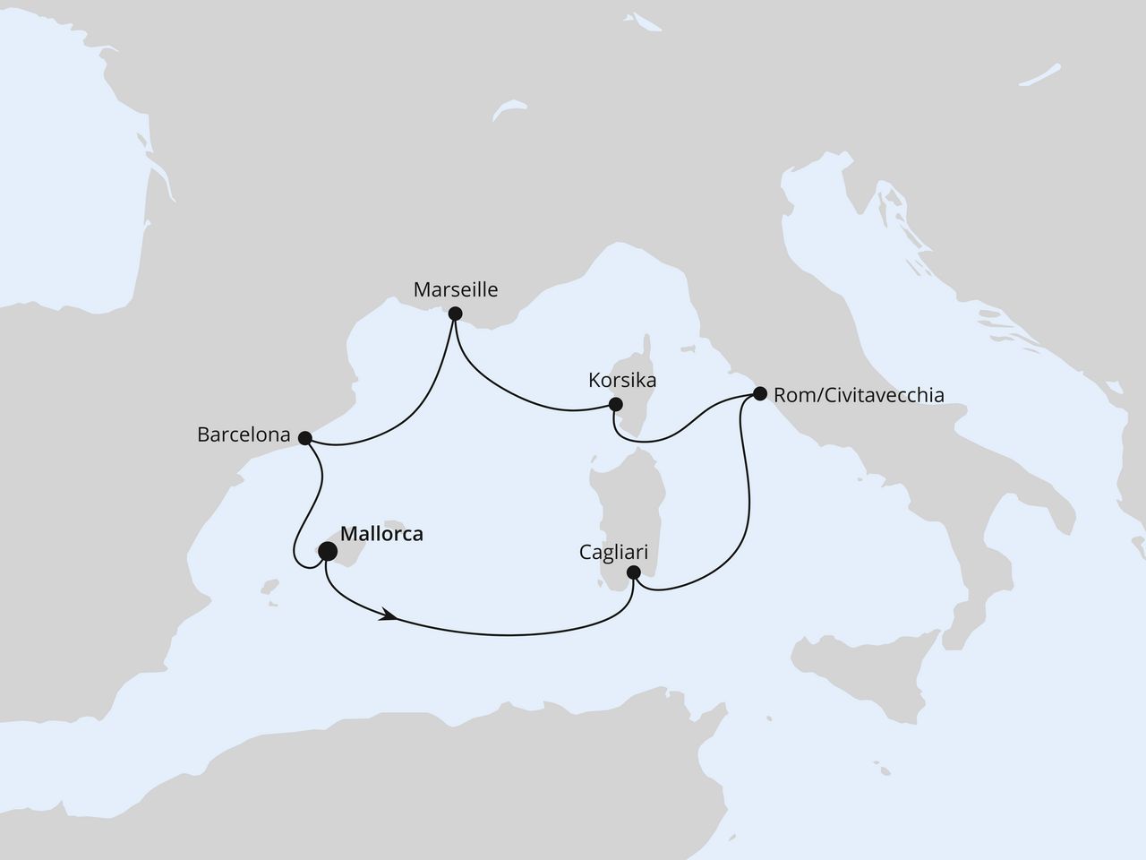 Routenkarte: Mediterrane Schätze mit Sardinien ab Mallorca