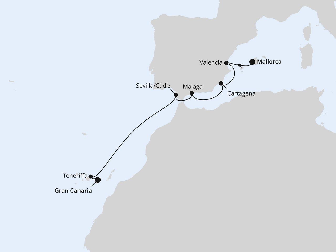 Routenkarte: Spanische Mittelmeerküste & Kanaren ab Mallorca