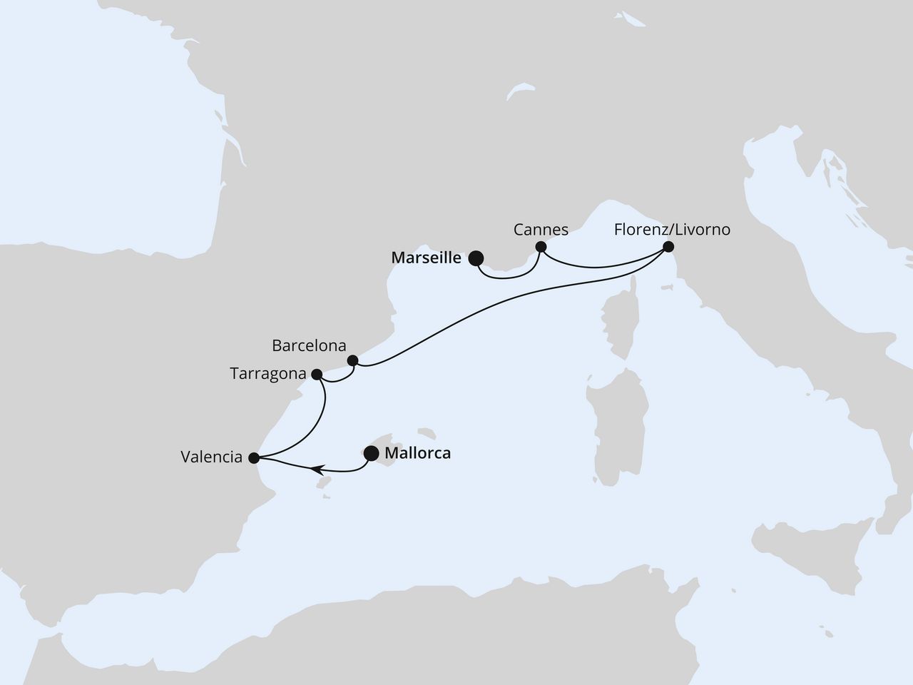 Routenkarte der AIDA Kreuzfahrt Perlen am Mittelmeer ab Mallorca 2