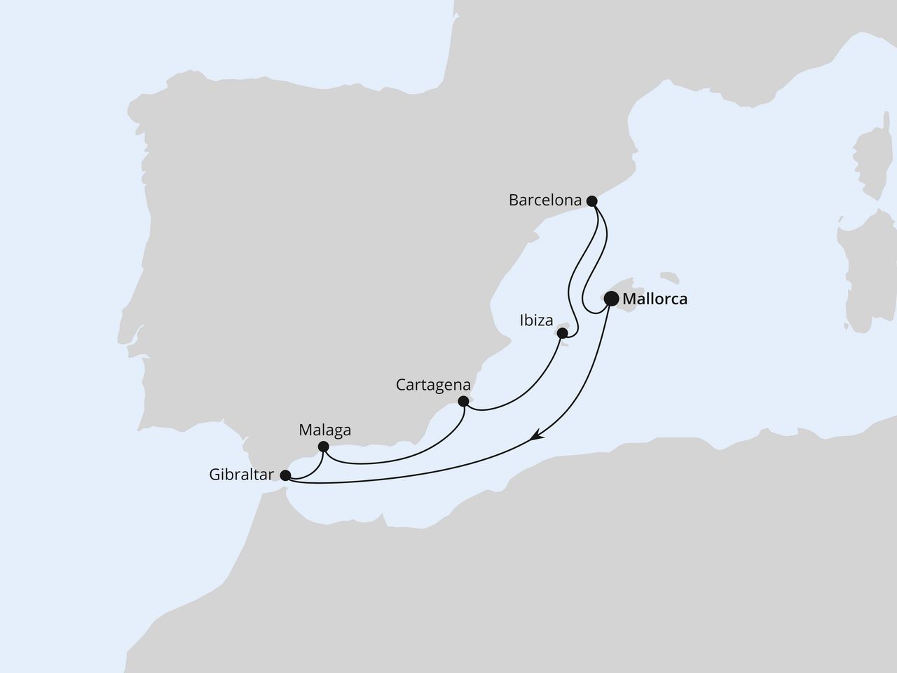 Routenkarte: Mediterrane Schätze mit Gibraltar ab Mallorca