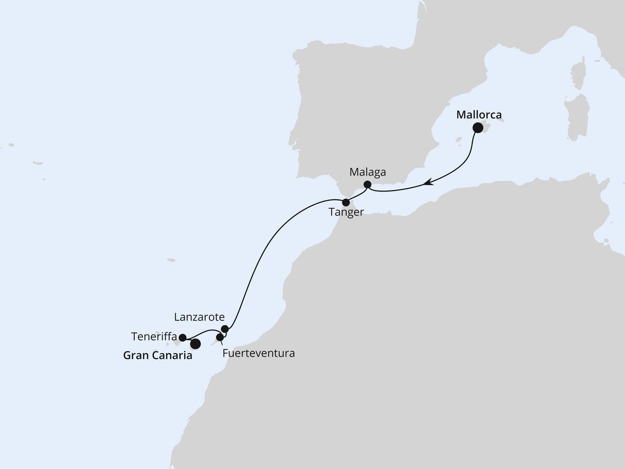 Routenkarte: Spanische Atlantikküste & Kanaren ab Mallorca