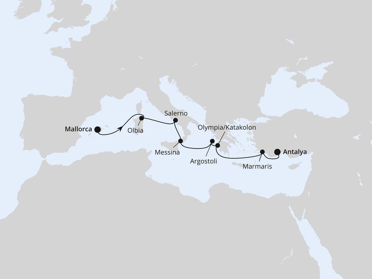 Routenkarte: Italien, Griechenland & Türkei ab Mallorca