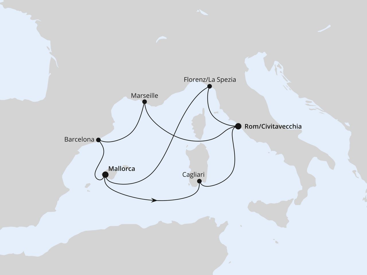 Routenkarte: Spanien, Frankreich & Italien ab Mallorca 2