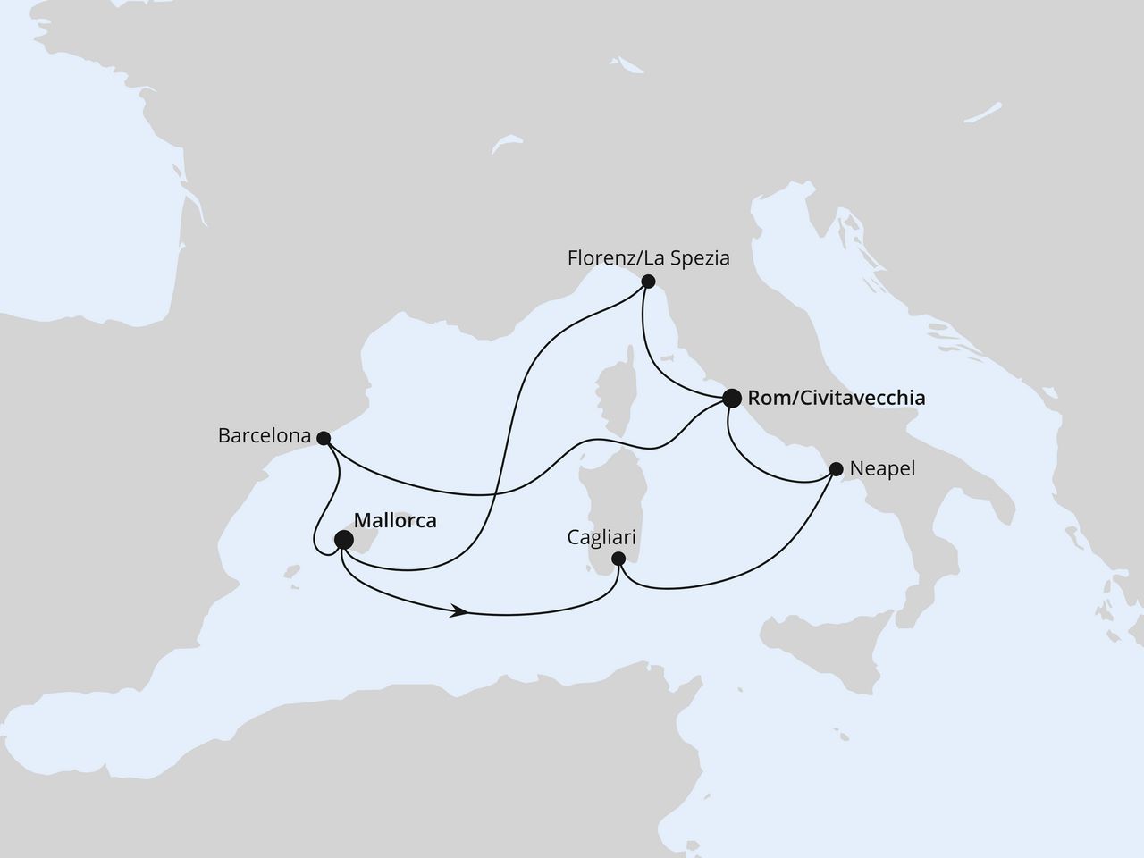 Routenkarte: Spanien, Frankreich & Italien ab Mallorca 2