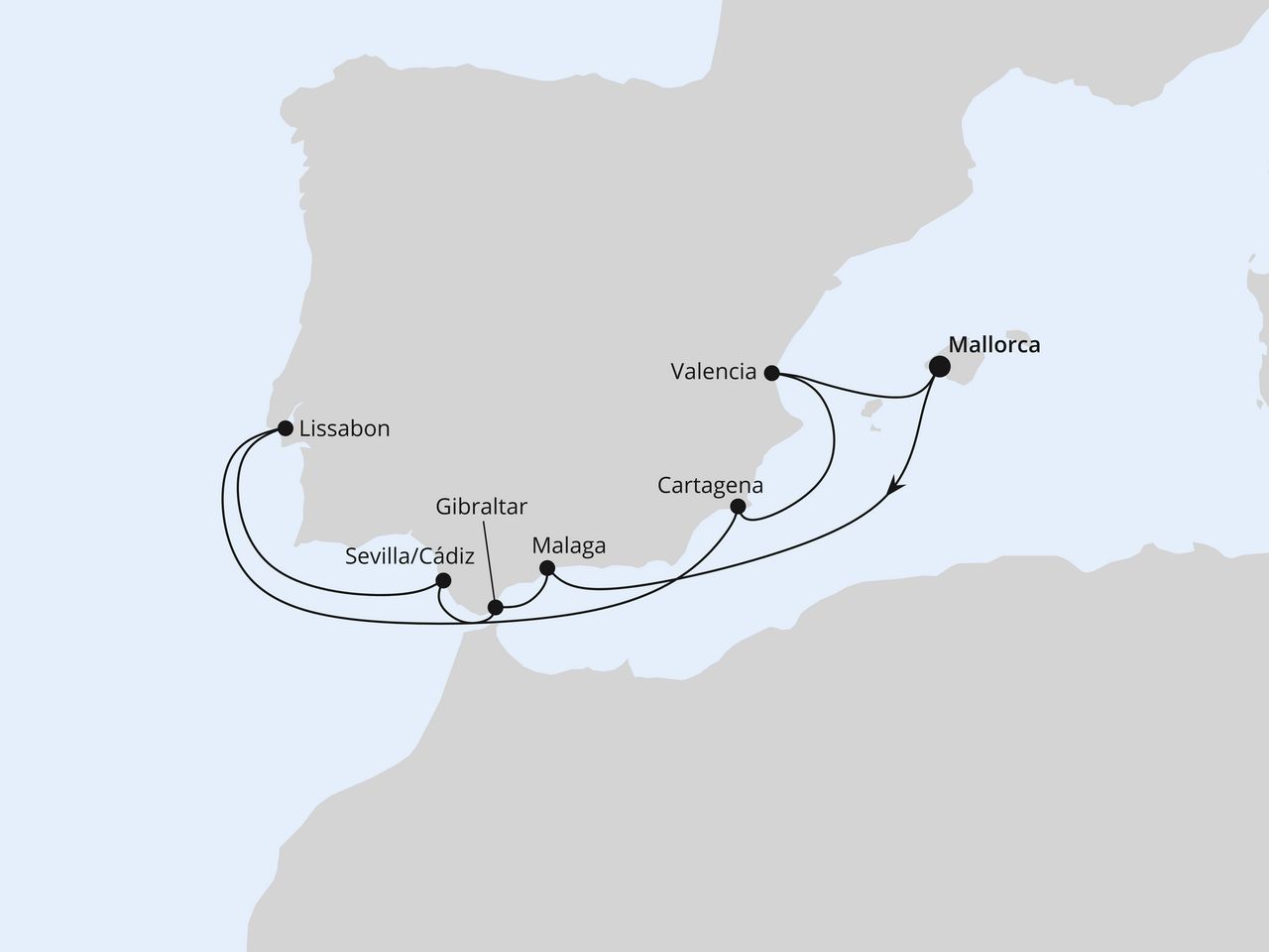 Routenkarte: Spanien, Portugal & Gibraltar ab Mallorca