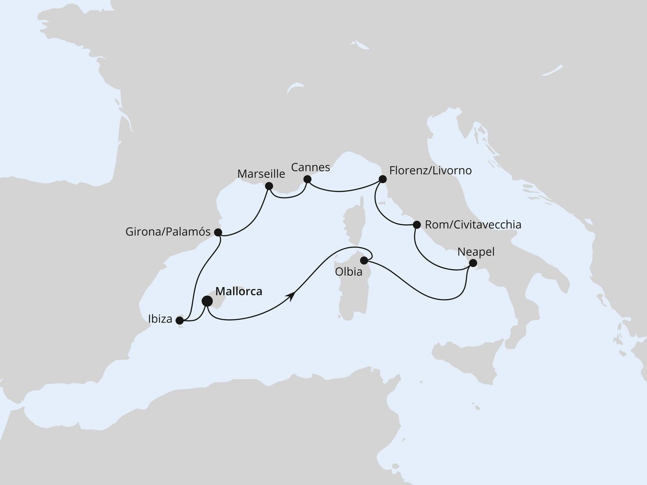 PALMA,OLBIA/SARDINIEN,NEAPEL,ROM/CIVITAVECCHIA,FLORENZ/LIVORNO,CANNES,MARSEILLE,GIRONA/PALAMOS,IBIZA,PALMA