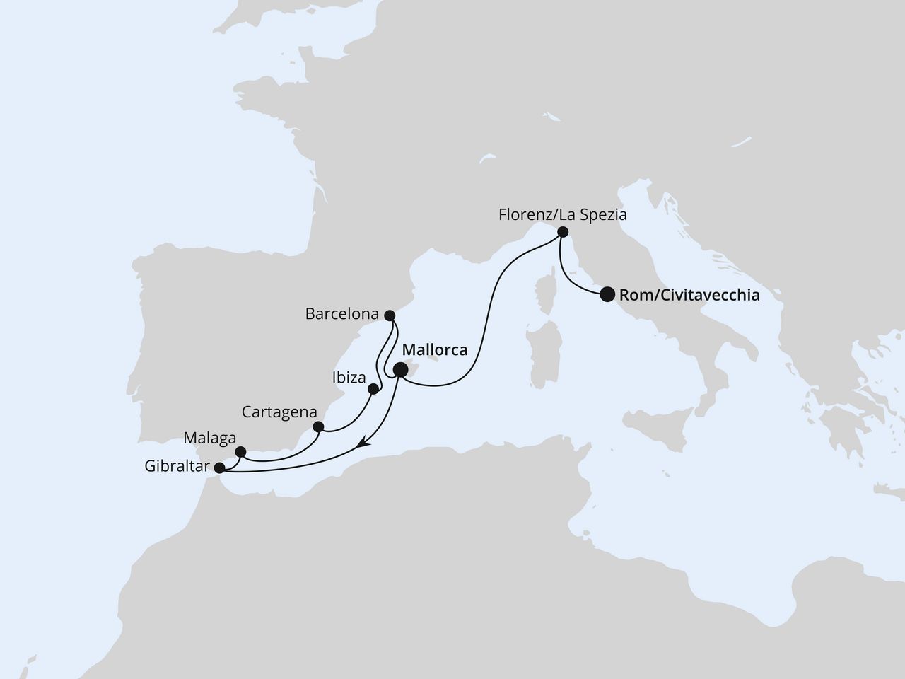 Routenkarte: Spanien, Italien & Gibraltar ab Mallorca