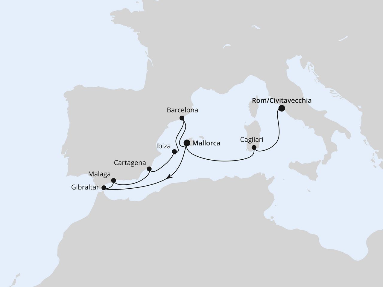 Routenkarte: Spanien, Italien & Gibraltar ab Mallorca