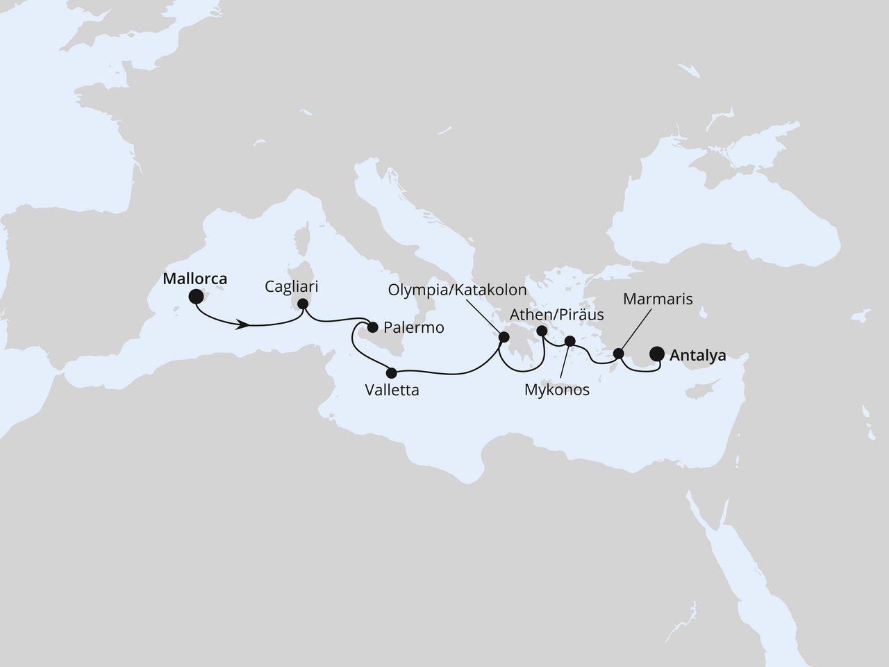 Routenkarte: Italien, Griechenland & Türkei ab Mallorca