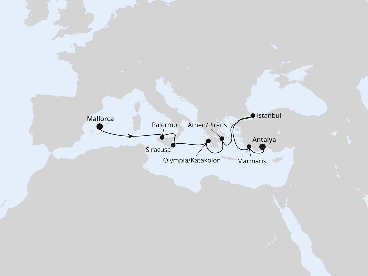 Routenkarte: Italien & Griechenland mit Istanbul