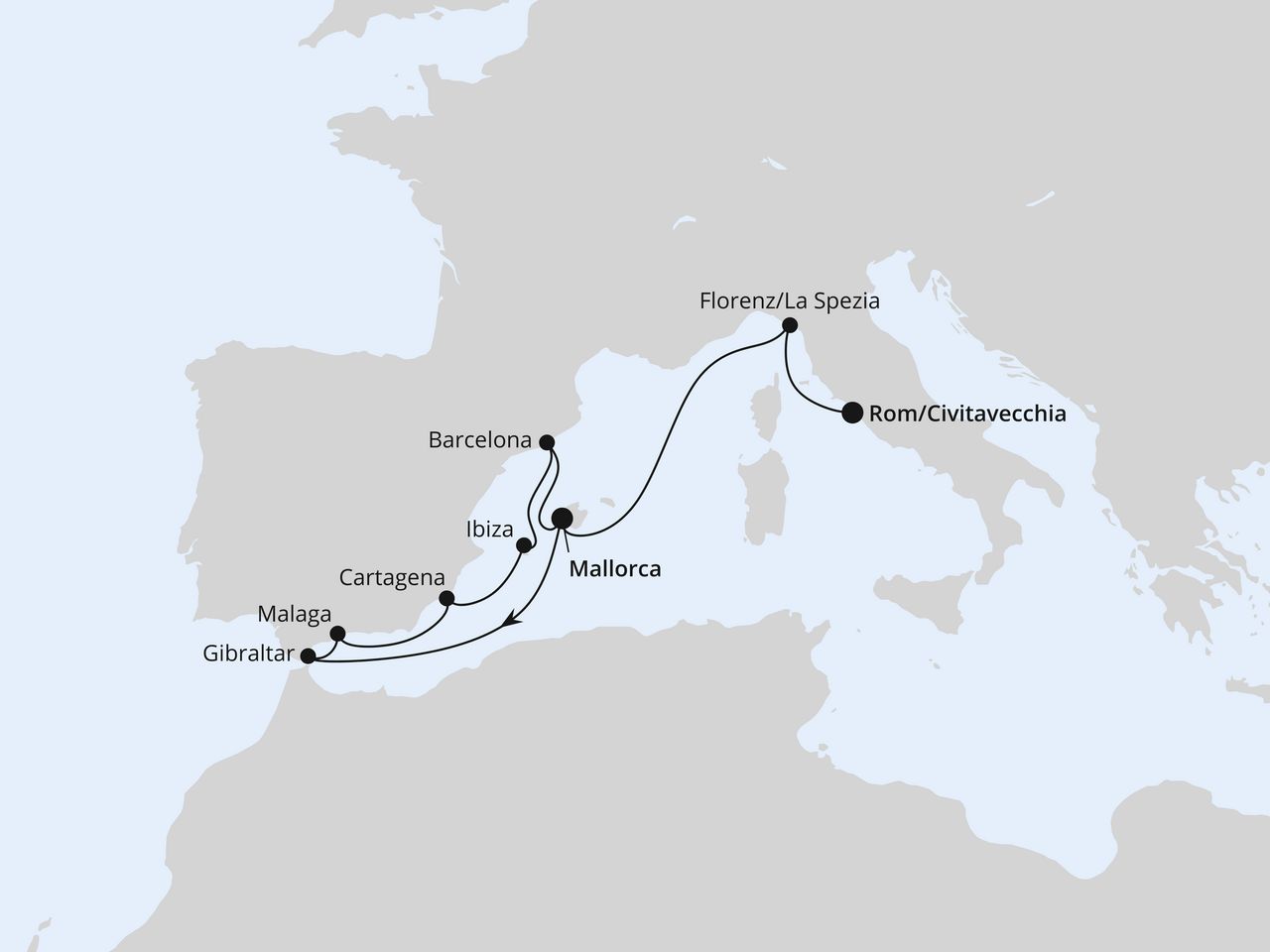Routenkarte: Spanien, Italien & Gibraltar ab Mallorca