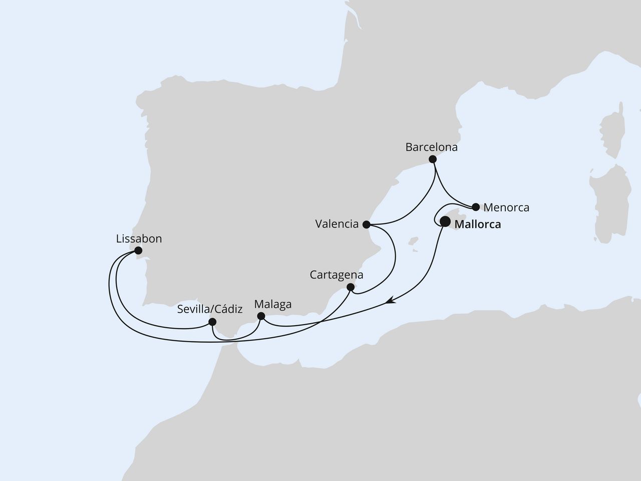 Routenkarte: Spanien, Portugal & Balearen ab Mallorca