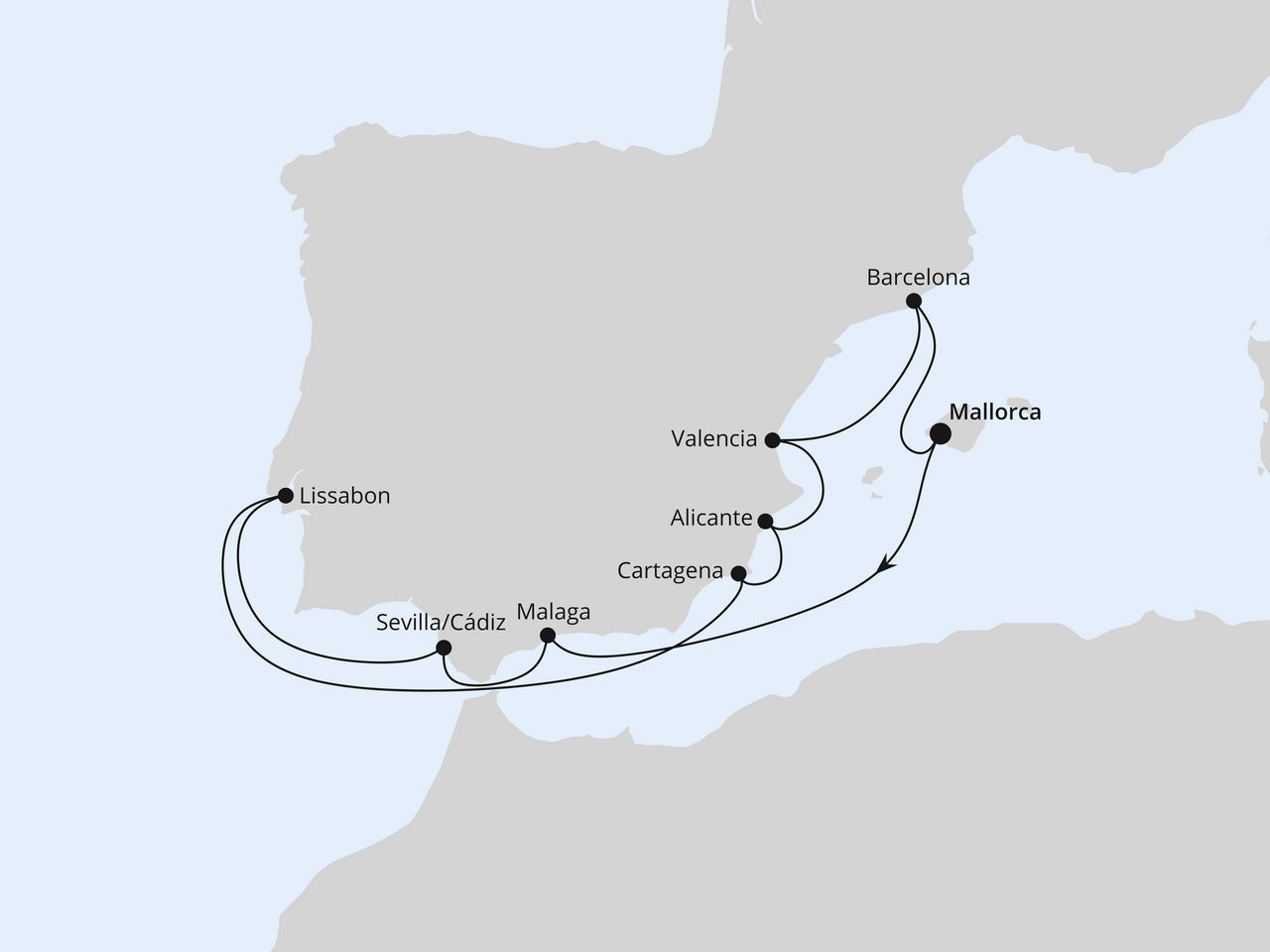 Routenkarte der AIDA Kreuzfahrt Spanien, Portugal & Balearen ab Mallorca