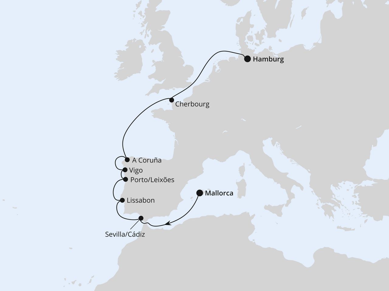 Routenkarte: Von Mallorca über Portugal nach Hamburg