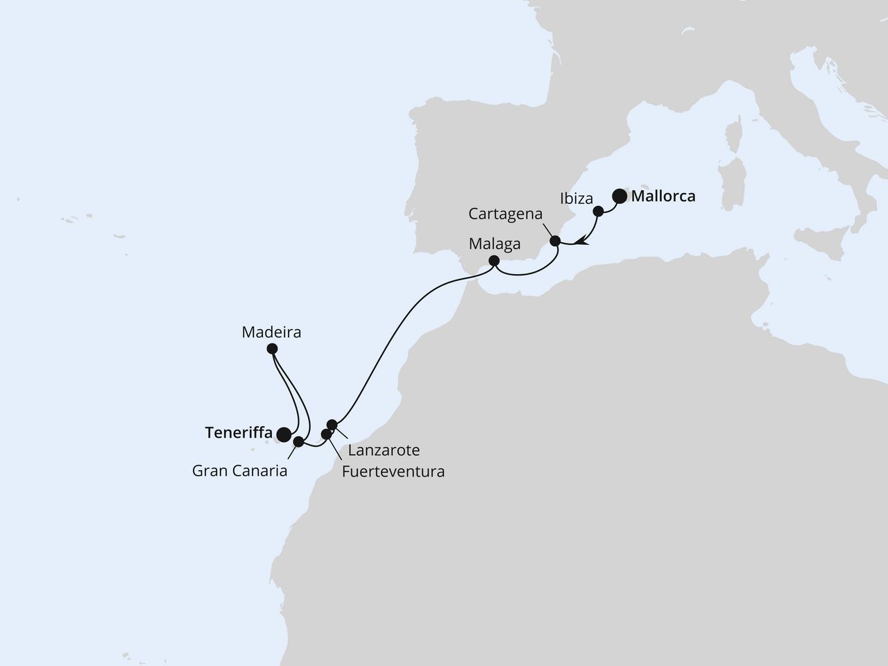 Routenkarte: Andalusien, Kanaren & Madeira ab Mallorca