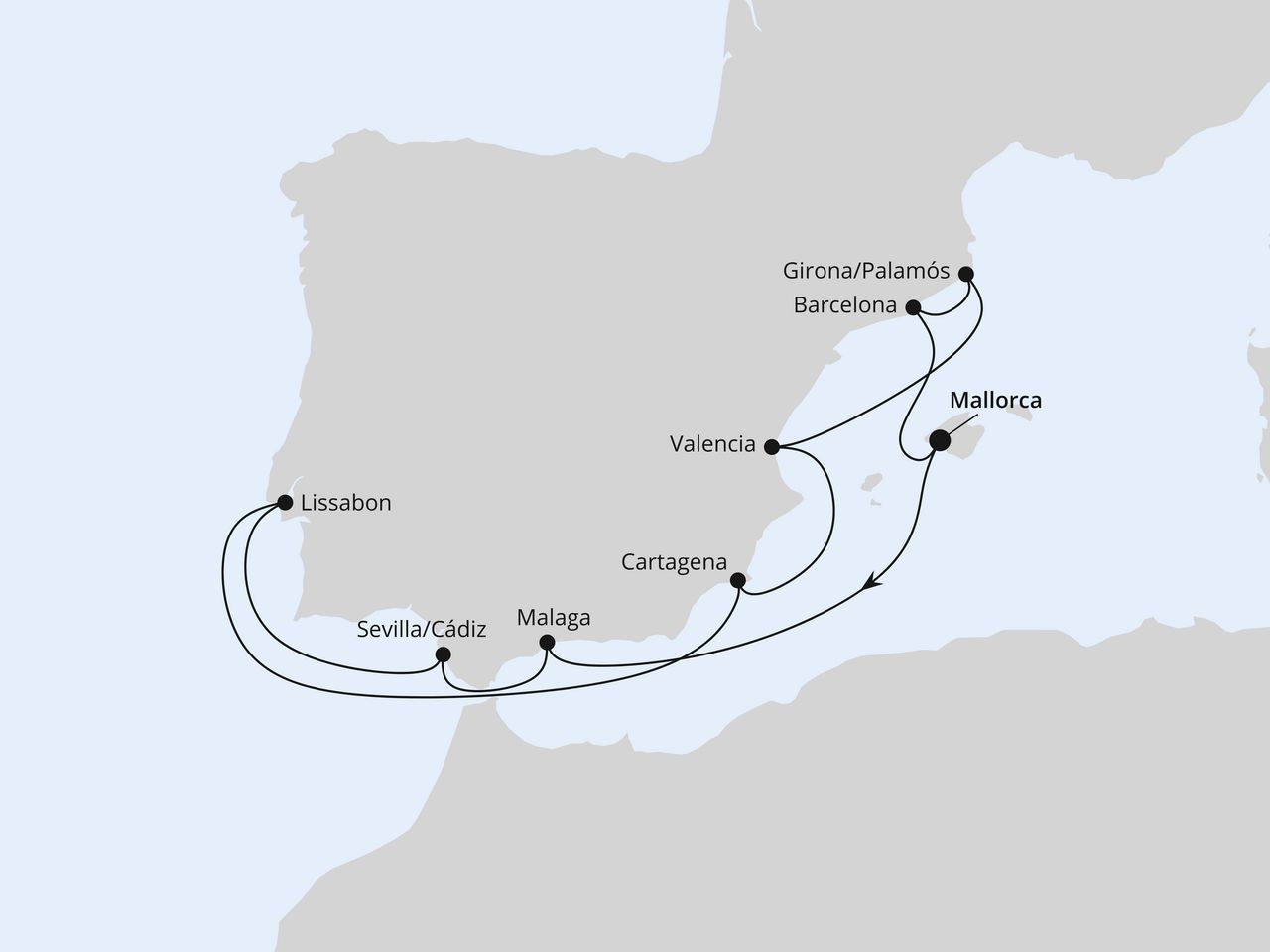 Routenkarte: Spanien, Portugal & Balearen ab Mallorca