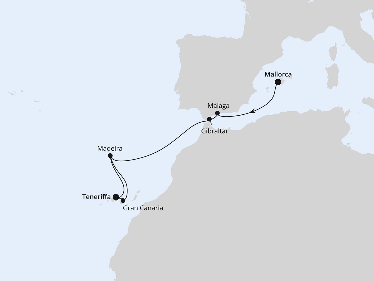 Routenkarte: Andalusien, Kanaren & Madeira ab Mallorca