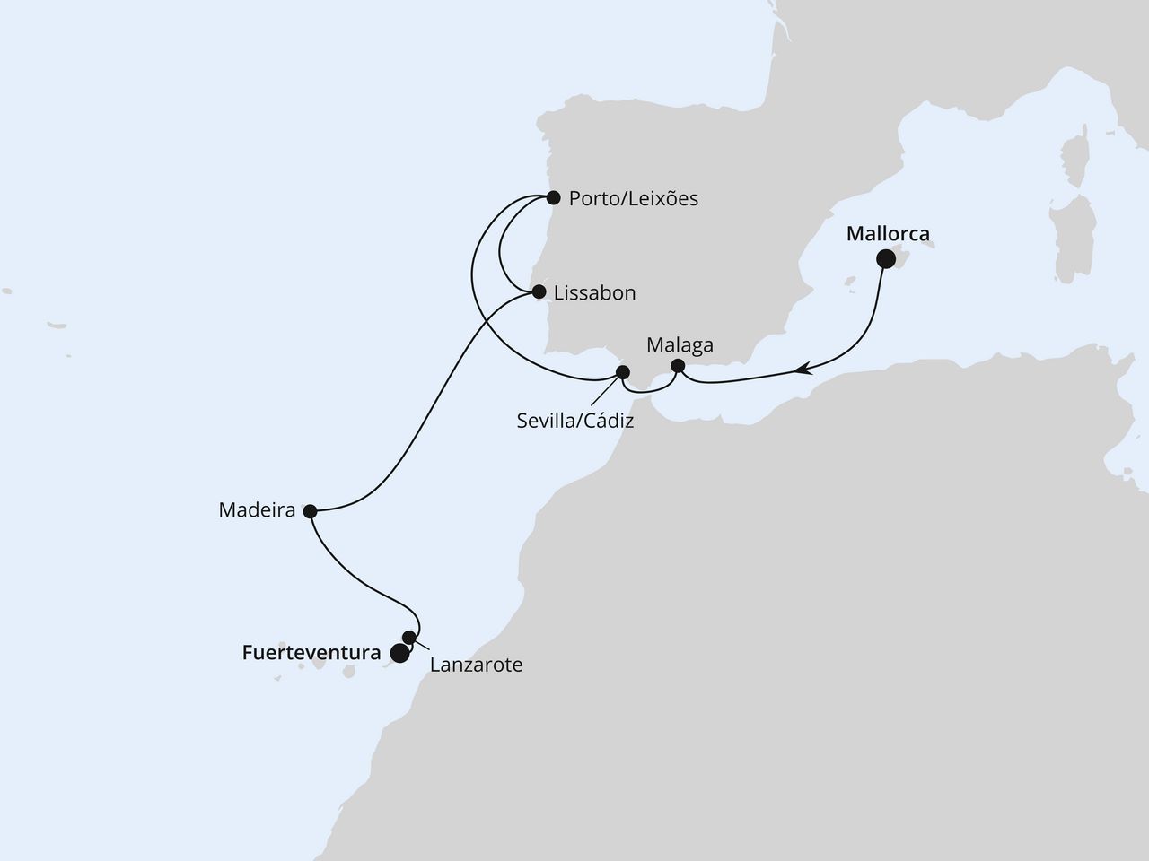 Routenkarte: Mittelmeer & Atlantikküste ab Mallorca