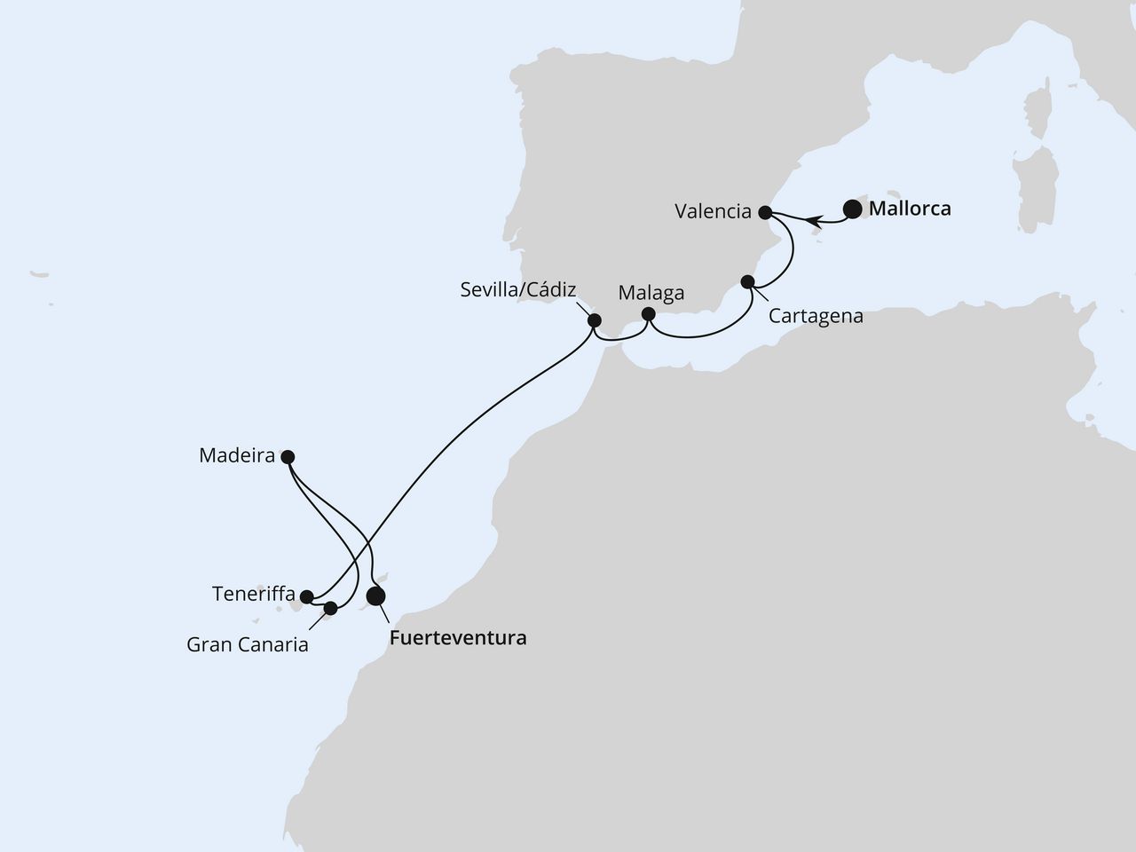 Routenkarte: Spanische Mittelmeerküste, Kanaren & Madeira 2