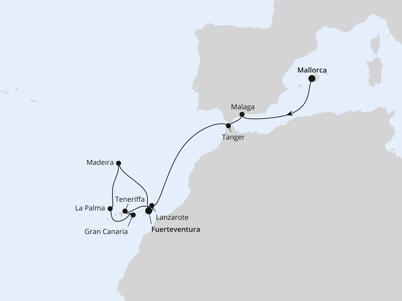 Routenkarte: Andalusien, Madeira & Kanaren ab Mallorca