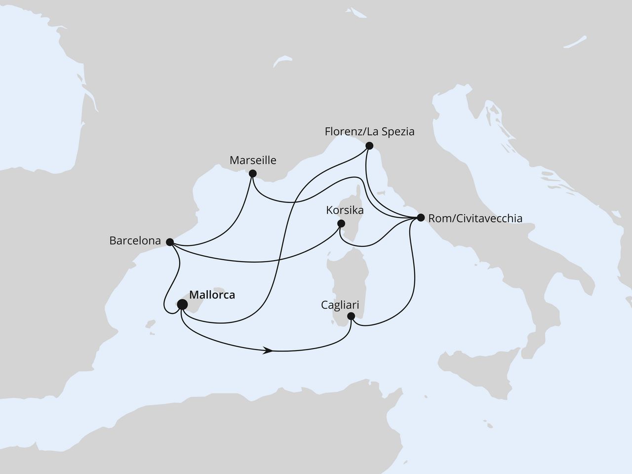 Routenkarte der AIDA Kreuzfahrt Große Mittelmeer-Reise ab Mallorca 1