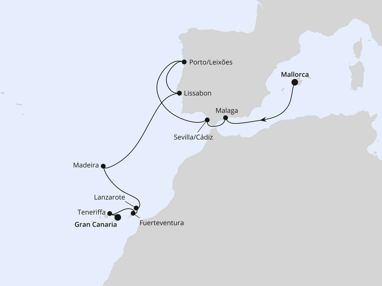 Routenkarte: Mittelmeer & Atlantikküste mit Kanaren ab Mallorca