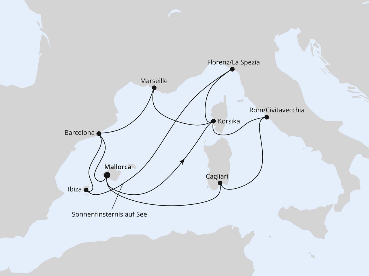 Routenkarte der AIDA Kreuzfahrt Große Mittelmeer-Reise mit Sonnenfinsternis